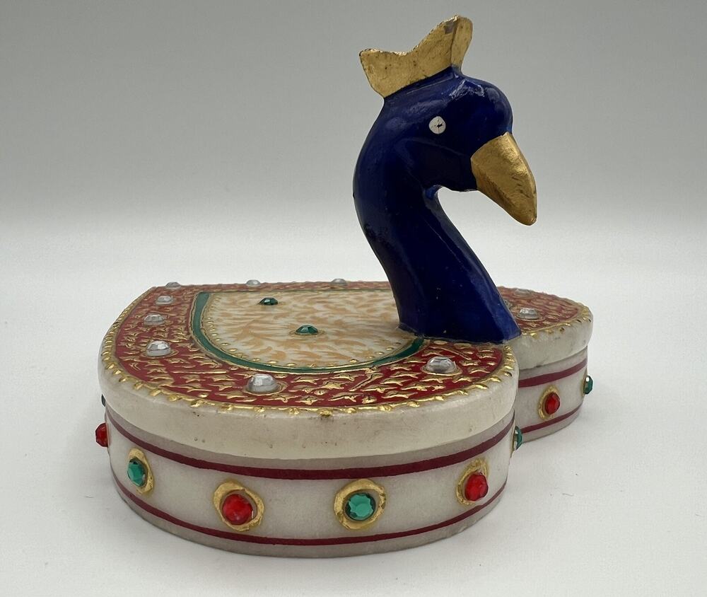 Marble Peacock Chopra Kumkum Box Heart Shaped Trinket Jewelry Box 3” India